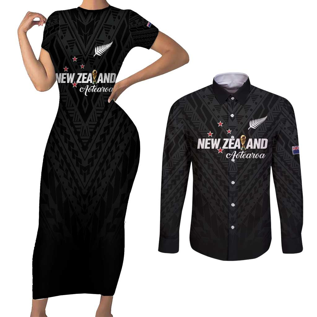 Custom Football New Zealand Couples Matching Short Sleeve Bodycon Dress and Long Sleeve Button Shirt Aotearoa United Black Version - Polynesian Pride