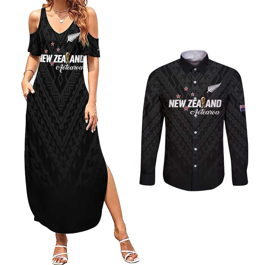 Custom Football New Zealand Couples Matching Summer Maxi Dress and Long Sleeve Button Shirt Aotearoa United Black Version - Polynesian Pride