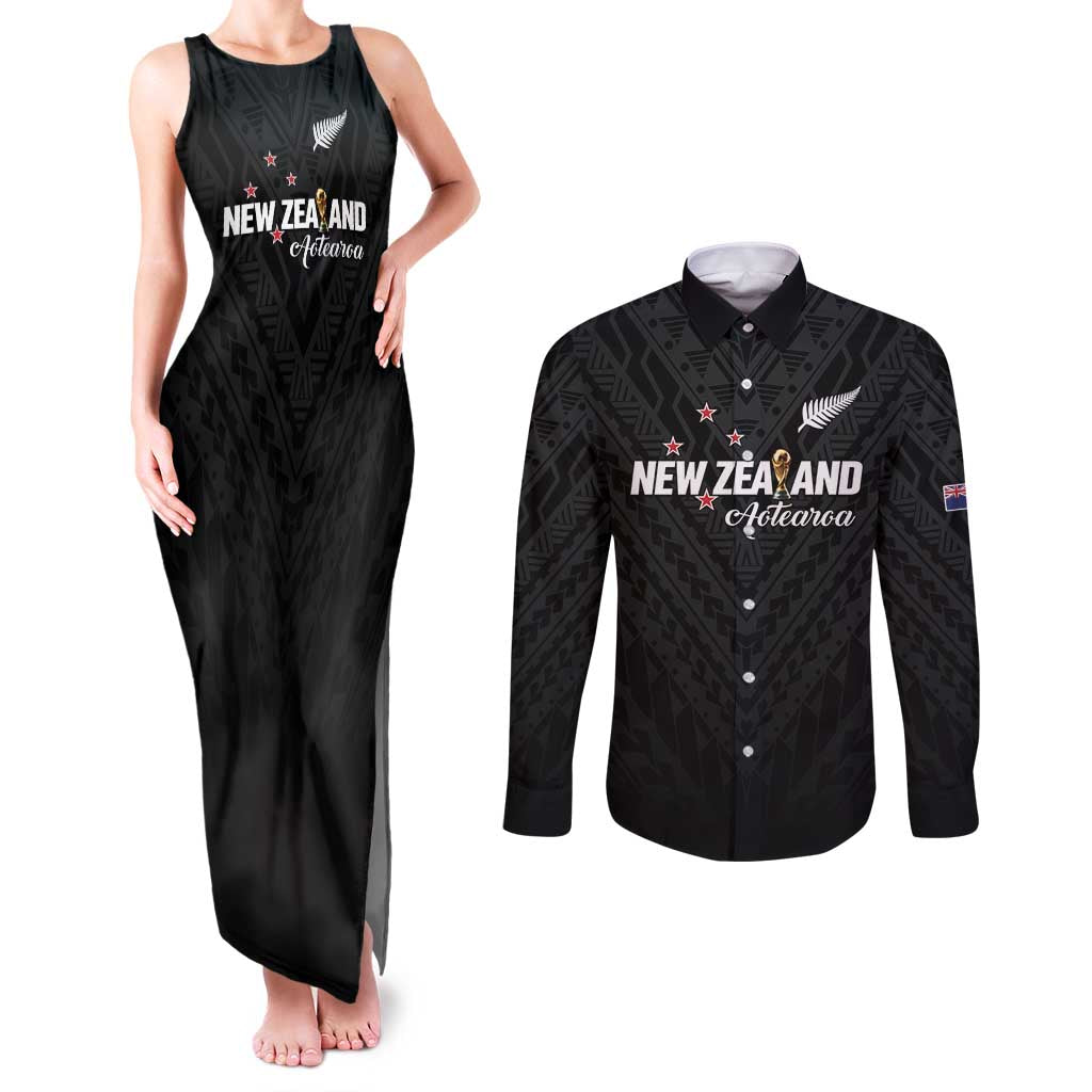 Custom Football New Zealand Couples Matching Tank Maxi Dress and Long Sleeve Button Shirt Aotearoa United Black Version - Polynesian Pride