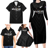 Custom Football New Zealand Family Matching Long Sleeve Bodycon Dress and Hawaiian Shirt Aotearoa United Black Version - Polynesian Pride