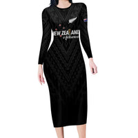 Custom Football New Zealand Family Matching Long Sleeve Bodycon Dress and Hawaiian Shirt Aotearoa United Black Version - Polynesian Pride