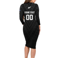 Custom Football New Zealand Family Matching Long Sleeve Bodycon Dress and Hawaiian Shirt Aotearoa United Black Version - Polynesian Pride