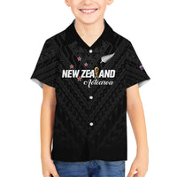 Custom Football New Zealand Family Matching Off The Shoulder Long Sleeve Dress and Hawaiian Shirt Aotearoa United Black Version - Polynesian Pride
