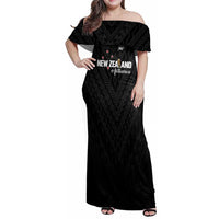 Custom Football New Zealand Family Matching Off Shoulder Maxi Dress and Hawaiian Shirt Aotearoa United Black Version - Polynesian Pride