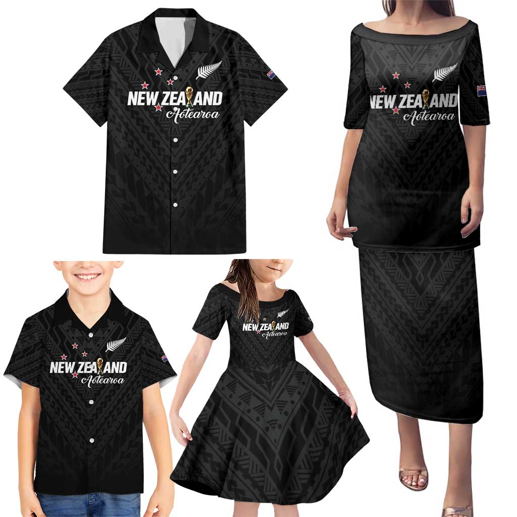 Custom Football New Zealand Family Matching Puletasi and Hawaiian Shirt Aotearoa United Black Version - Polynesian Pride