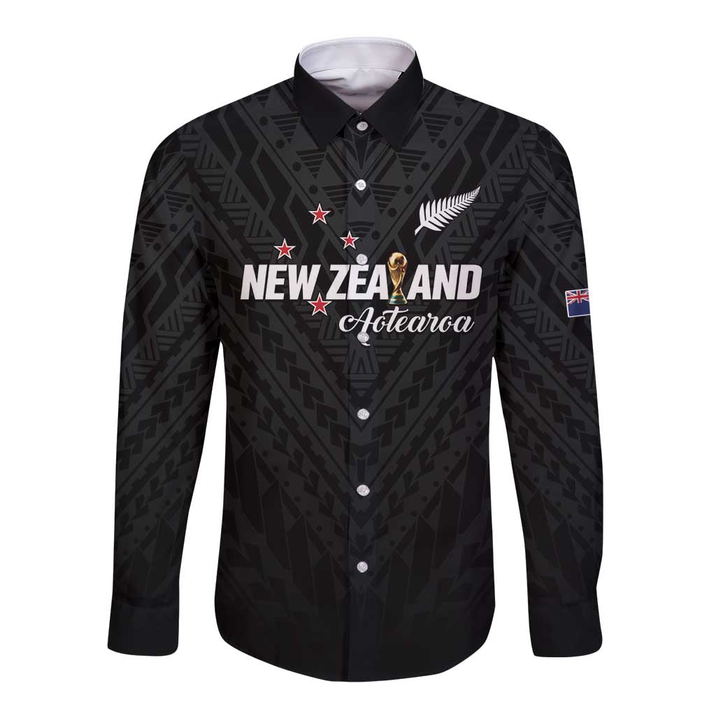 Custom Football New Zealand Long Sleeve Button Shirt Aotearoa United Black Version - Polynesian Pride
