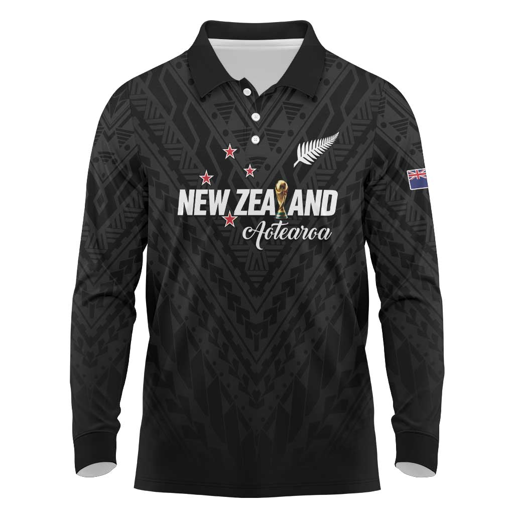 Custom Football New Zealand Long Sleeve Polo Shirt Aotearoa United Black Version - Polynesian Pride