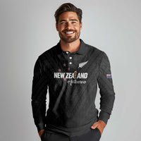 Custom Football New Zealand Long Sleeve Polo Shirt Aotearoa United Black Version - Polynesian Pride