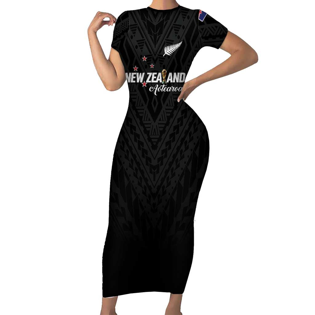 Custom Football New Zealand Short Sleeve Bodycon Dress Aotearoa United Black Version - Polynesian Pride