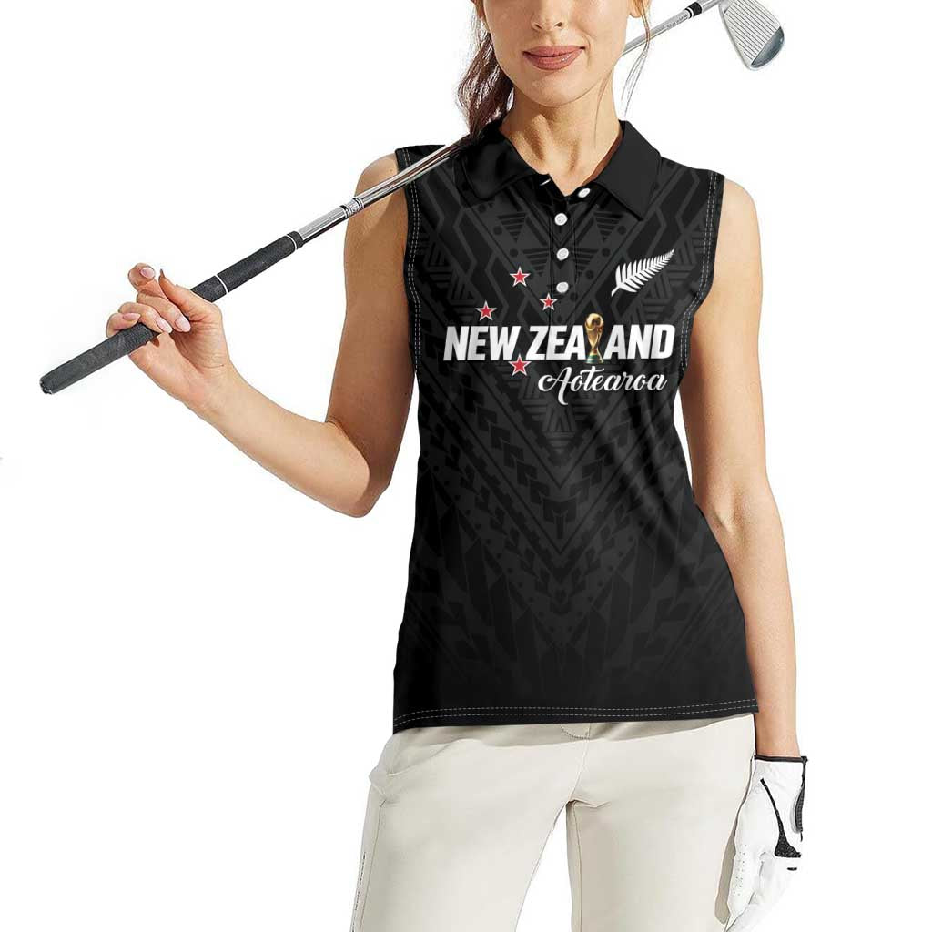 Custom Football New Zealand Women Sleeveless Polo Shirt Aotearoa United Black Version - Polynesian Pride