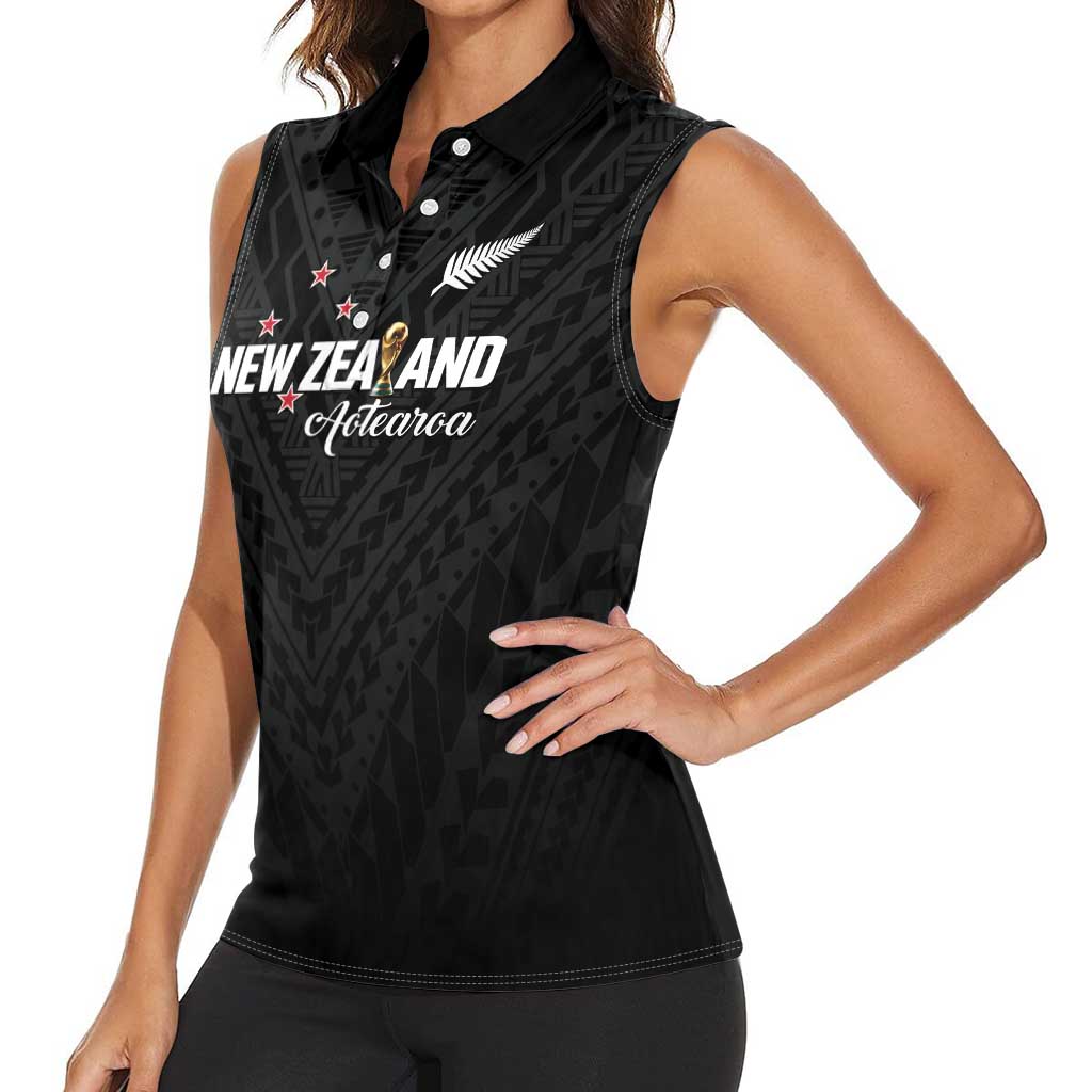 Custom Football New Zealand Women Sleeveless Polo Shirt Aotearoa United Black Version - Polynesian Pride