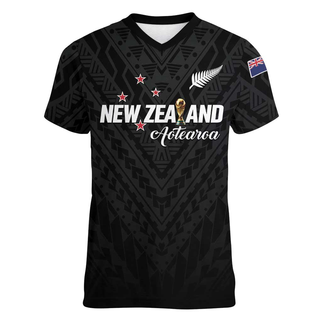 Custom Football New Zealand Women V-Neck T-Shirt Aotearoa United Black Version - Polynesian Pride