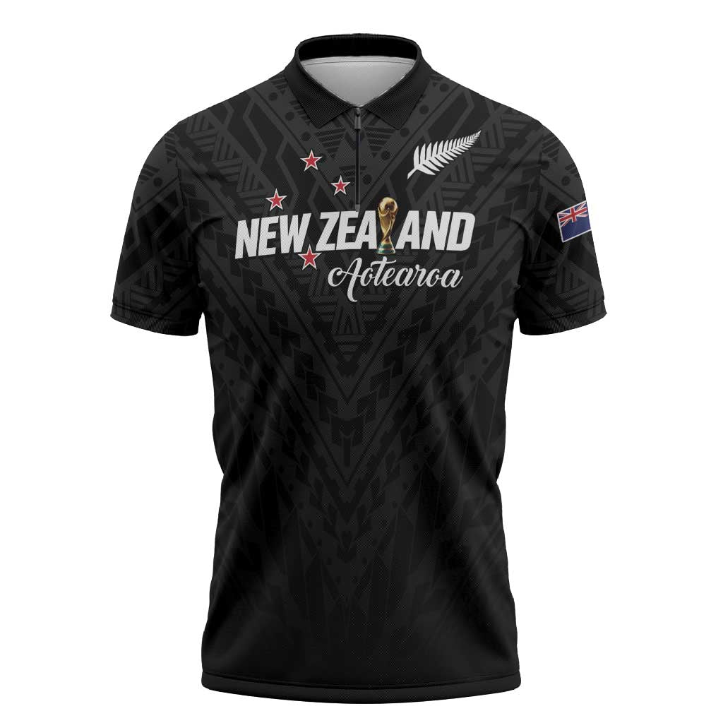 Custom Football New Zealand Zipper Polo Shirt Aotearoa United Black Version - Polynesian Pride