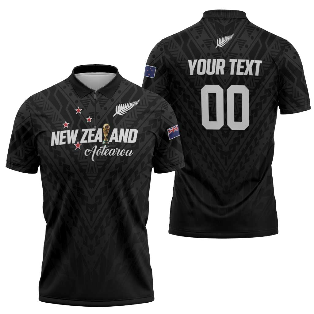 Custom Football New Zealand Zipper Polo Shirt Aotearoa United Black Version - Polynesian Pride