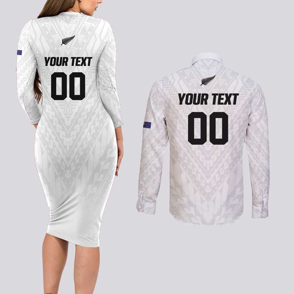 Custom Football New Zealand Couples Matching Long Sleeve Bodycon Dress and Long Sleeve Button Shirt Aotearoa United White Version - Polynesian Pride