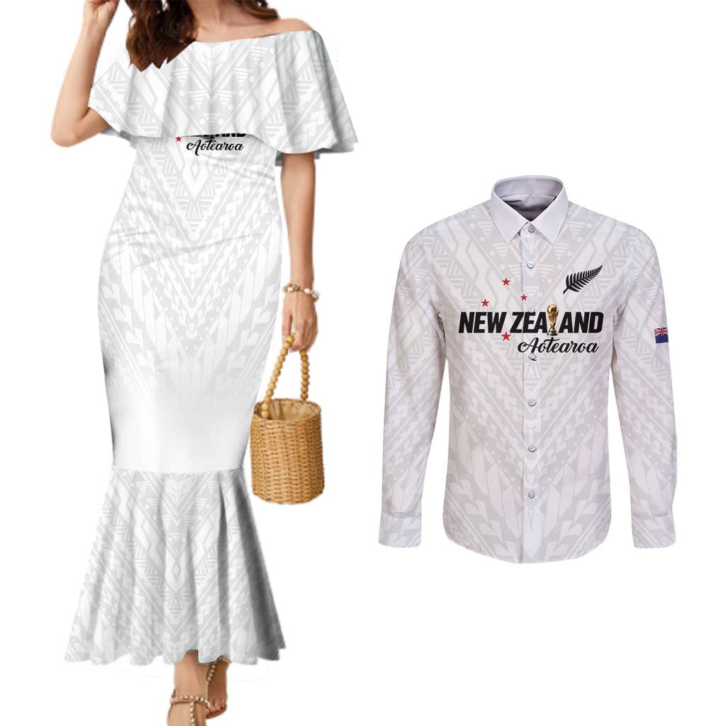 Custom Football New Zealand Couples Matching Mermaid Dress and Long Sleeve Button Shirt Aotearoa United White Version - Polynesian Pride