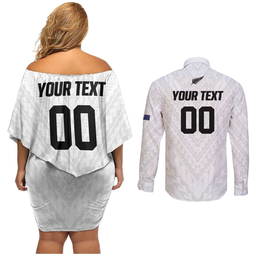 Custom Football New Zealand Couples Matching Off Shoulder Short Dress and Long Sleeve Button Shirt Aotearoa United White Version - Polynesian Pride