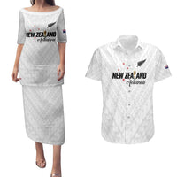 Custom Football New Zealand Couples Matching Puletasi and Hawaiian Shirt Aotearoa United White Version - Polynesian Pride
