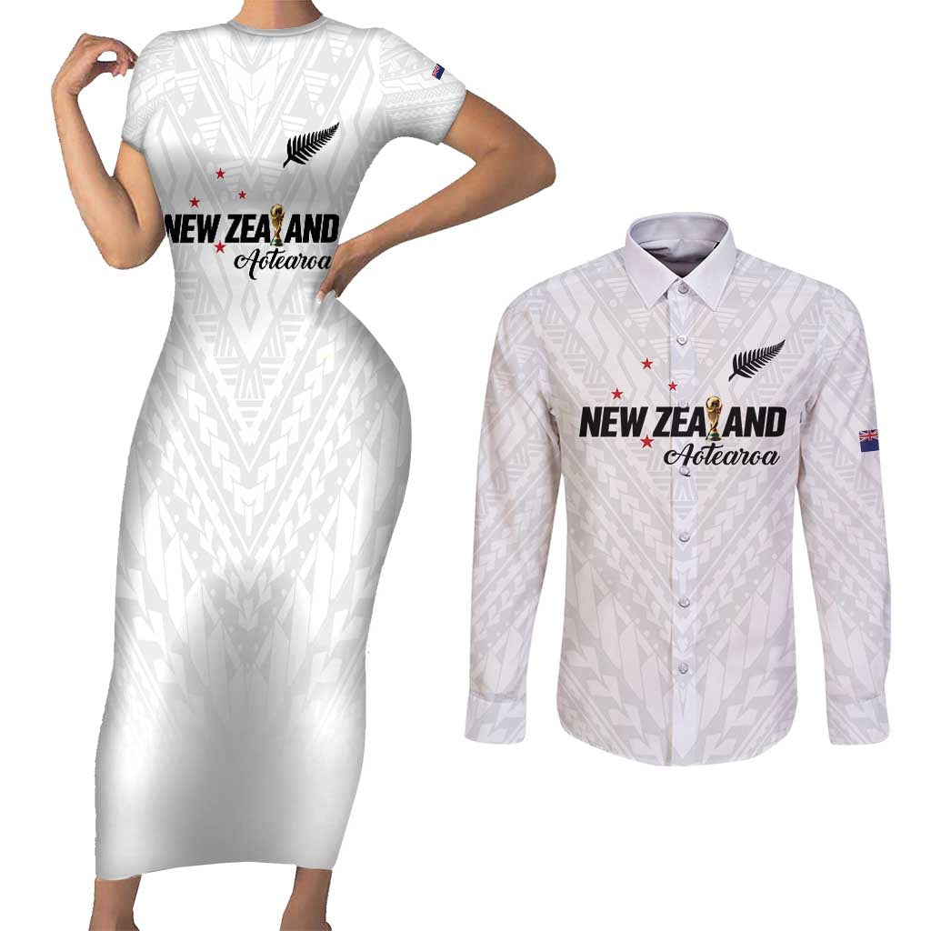 Custom Football New Zealand Couples Matching Short Sleeve Bodycon Dress and Long Sleeve Button Shirt Aotearoa United White Version - Polynesian Pride