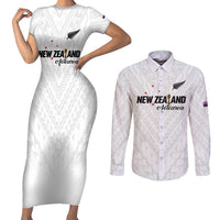 Custom Football New Zealand Couples Matching Short Sleeve Bodycon Dress and Long Sleeve Button Shirt Aotearoa United White Version - Polynesian Pride