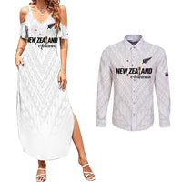 Custom Football New Zealand Couples Matching Summer Maxi Dress and Long Sleeve Button Shirt Aotearoa United White Version - Polynesian Pride