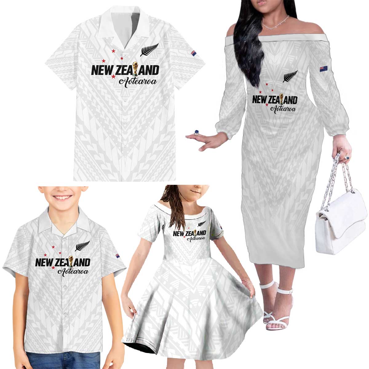 Custom Football New Zealand Family Matching Off The Shoulder Long Sleeve Dress and Hawaiian Shirt Aotearoa United White Version - Polynesian Pride