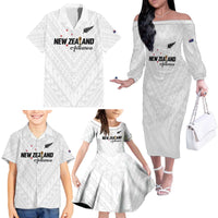 Custom Football New Zealand Family Matching Off The Shoulder Long Sleeve Dress and Hawaiian Shirt Aotearoa United White Version - Polynesian Pride
