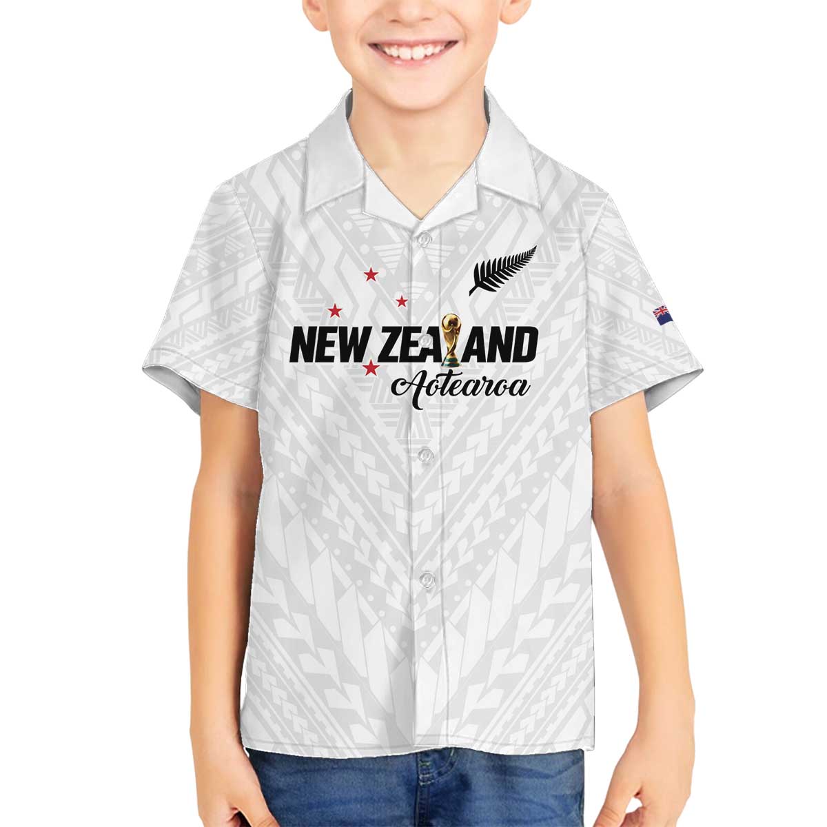 Custom Football New Zealand Family Matching Off The Shoulder Long Sleeve Dress and Hawaiian Shirt Aotearoa United White Version - Polynesian Pride
