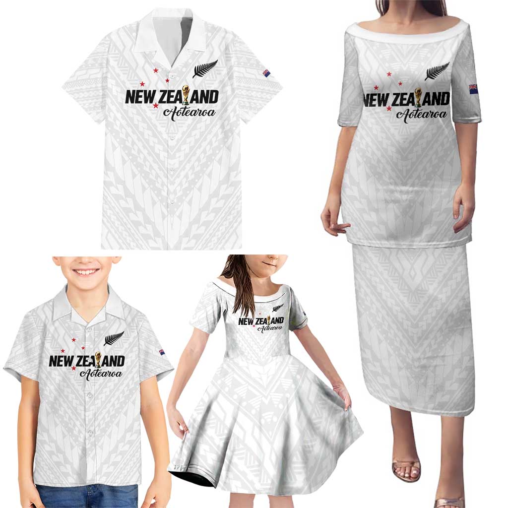 Custom Football New Zealand Family Matching Puletasi and Hawaiian Shirt Aotearoa United White Version - Polynesian Pride