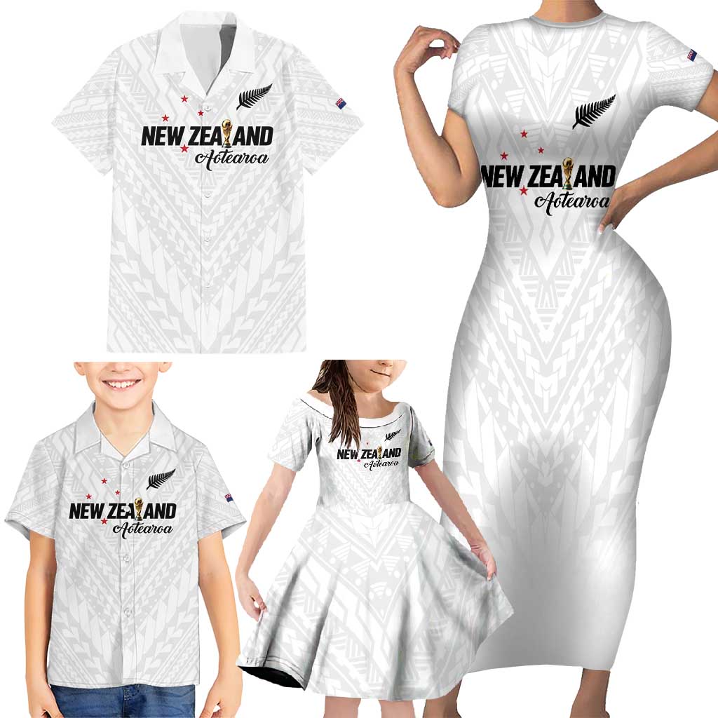 Custom Football New Zealand Family Matching Short Sleeve Bodycon Dress and Hawaiian Shirt Aotearoa United White Version - Polynesian Pride