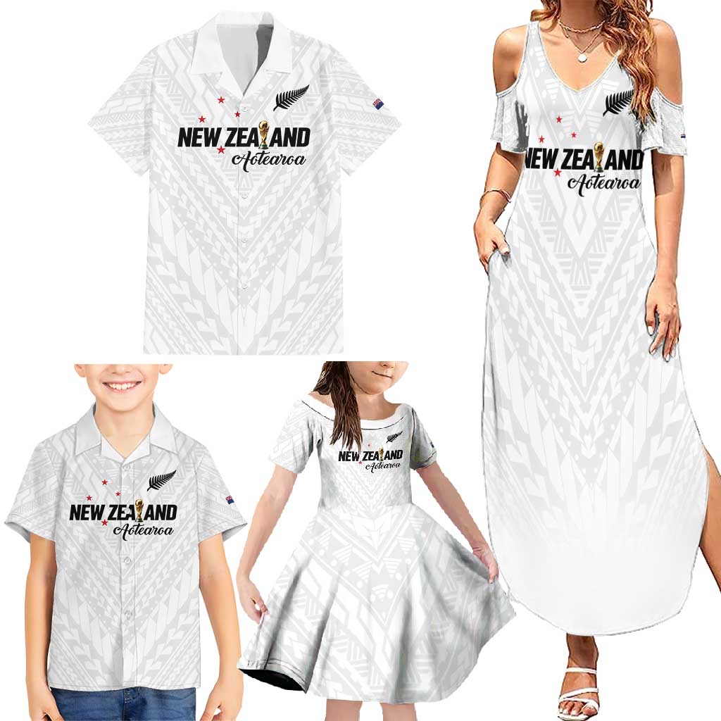 Custom Football New Zealand Family Matching Summer Maxi Dress and Hawaiian Shirt Aotearoa United White Version - Polynesian Pride