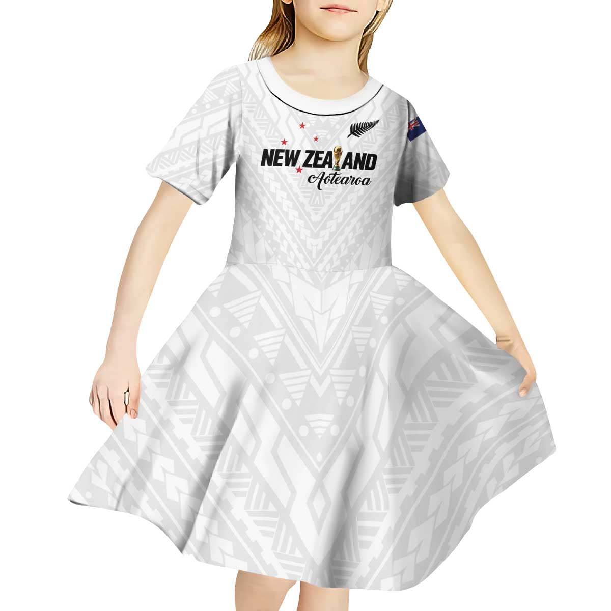 Custom Football New Zealand Kid Short Sleeve Dress Aotearoa United White Version - Polynesian Pride