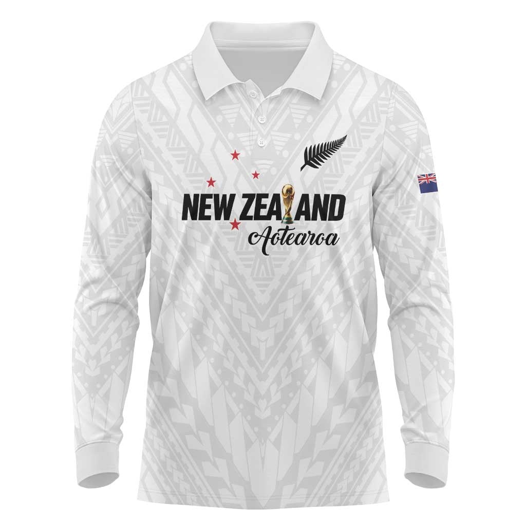 Custom Football New Zealand Long Sleeve Polo Shirt Aotearoa United White Version - Polynesian Pride