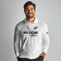 Custom Football New Zealand Long Sleeve Polo Shirt Aotearoa United White Version - Polynesian Pride