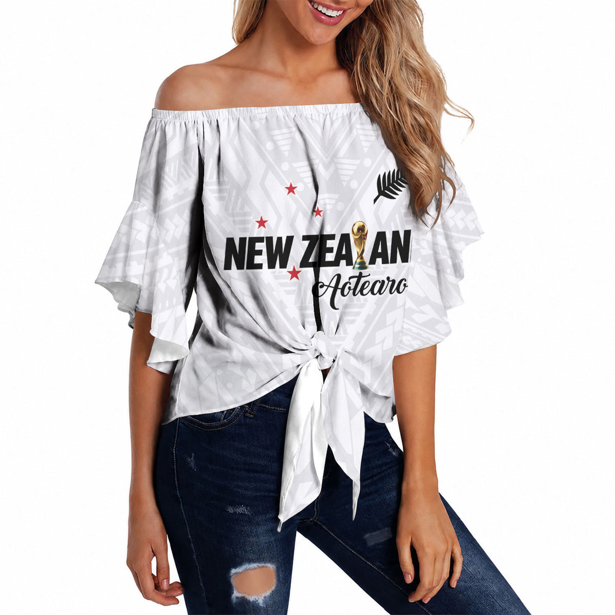 Custom Football New Zealand Off Shoulder Wrap Waist Top Aotearoa United White Version LT01 - Polynesian Pride