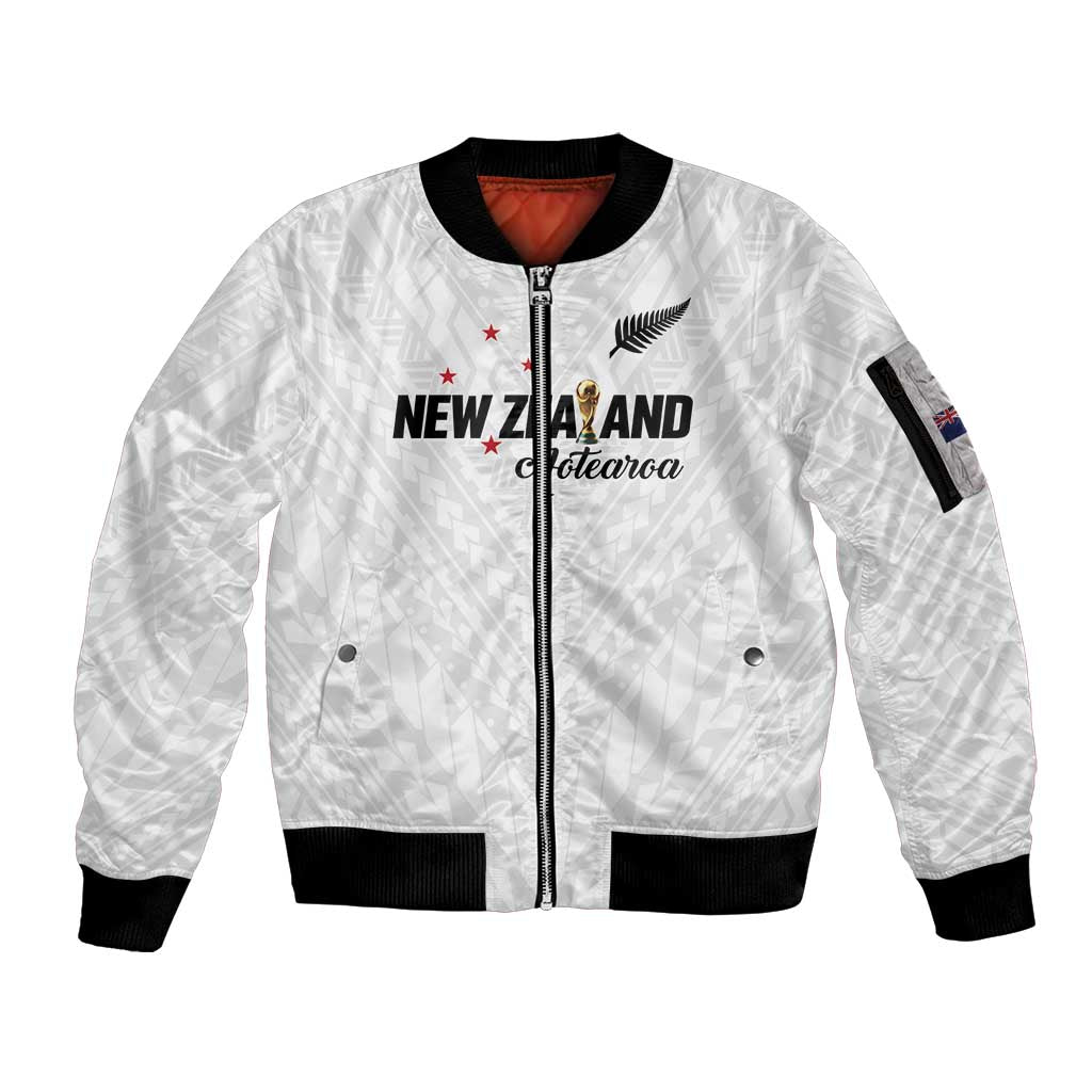 Custom Football New Zealand Sleeve Zip Bomber Jacket Aotearoa United White Version - Polynesian Pride