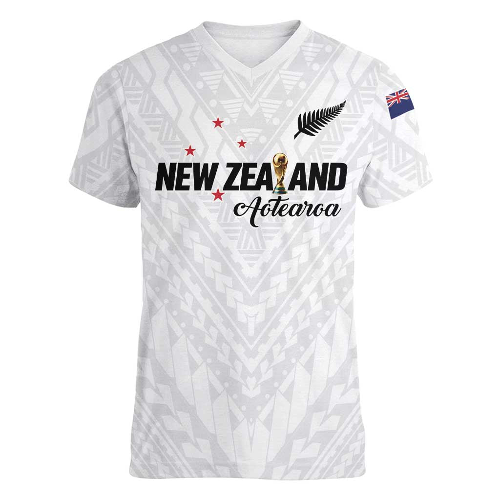 Custom Football New Zealand Women V-Neck T-Shirt Aotearoa United White Version - Polynesian Pride