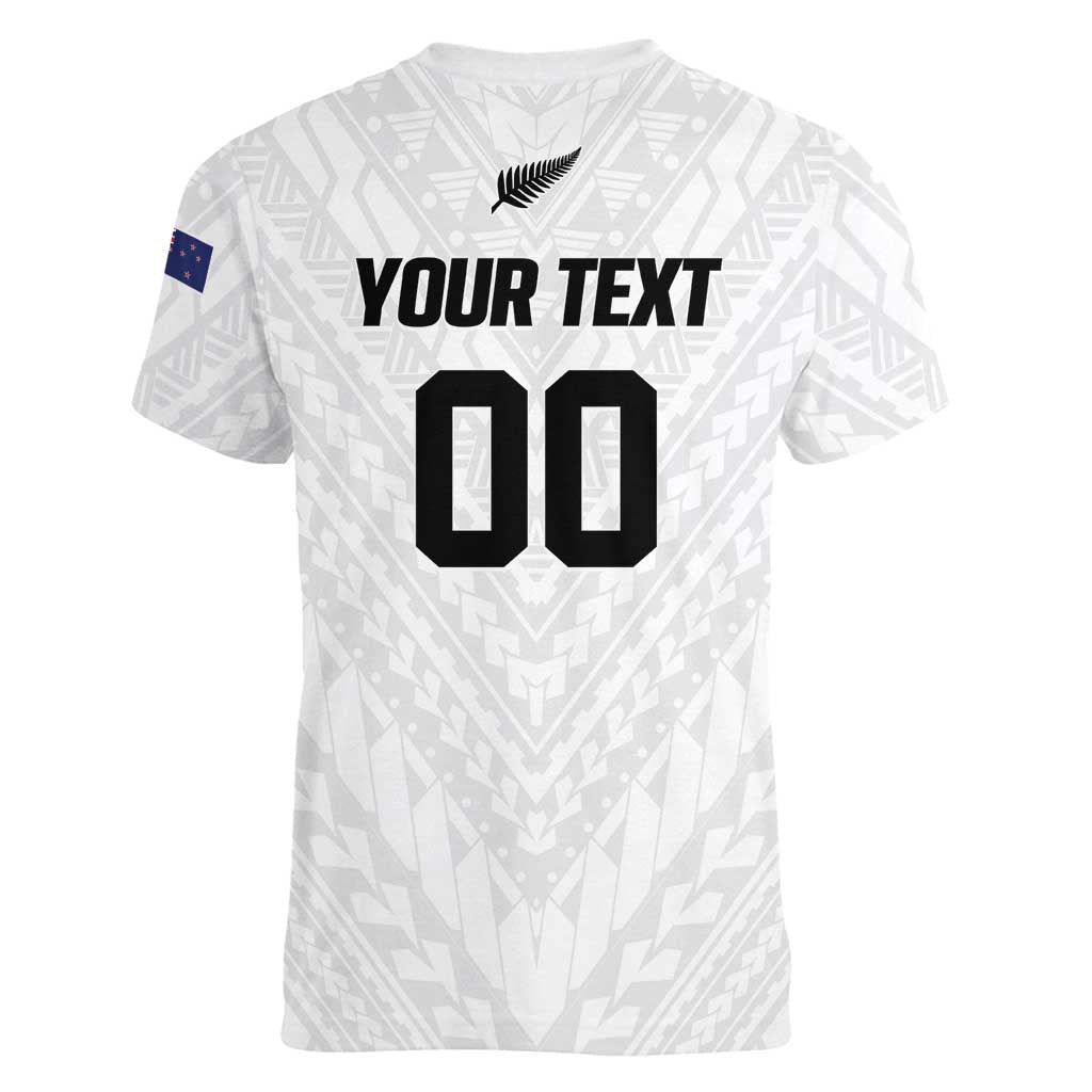 Custom Football New Zealand Women V-Neck T-Shirt Aotearoa United White Version - Polynesian Pride