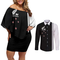 Personalised New Zealand 2025 Archery Basic Couples Matching Off Shoulder Short Dress and Long Sleeve Button Shirt Archery NZ LT01 Black - Polynesian Pride