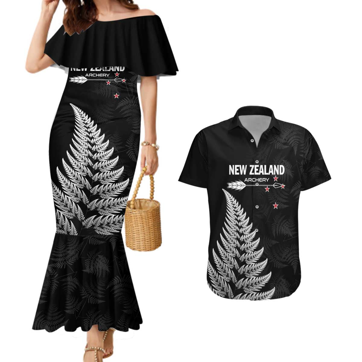 Personalised New Zealand 2025 Archery Couples Matching Mermaid Dress and Hawaiian Shirt Aotearoa Silver Arrows Black LT01 Black - Polynesian Pride
