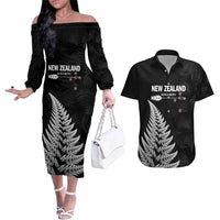 Personalised New Zealand 2025 Archery Couples Matching Off The Shoulder Long Sleeve Dress and Hawaiian Shirt Aotearoa Silver Arrows Black LT01 Black - Polynesian Pride