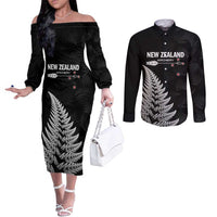 Personalised New Zealand 2025 Archery Couples Matching Off The Shoulder Long Sleeve Dress and Long Sleeve Button Shirt Aotearoa Silver Arrows Black
