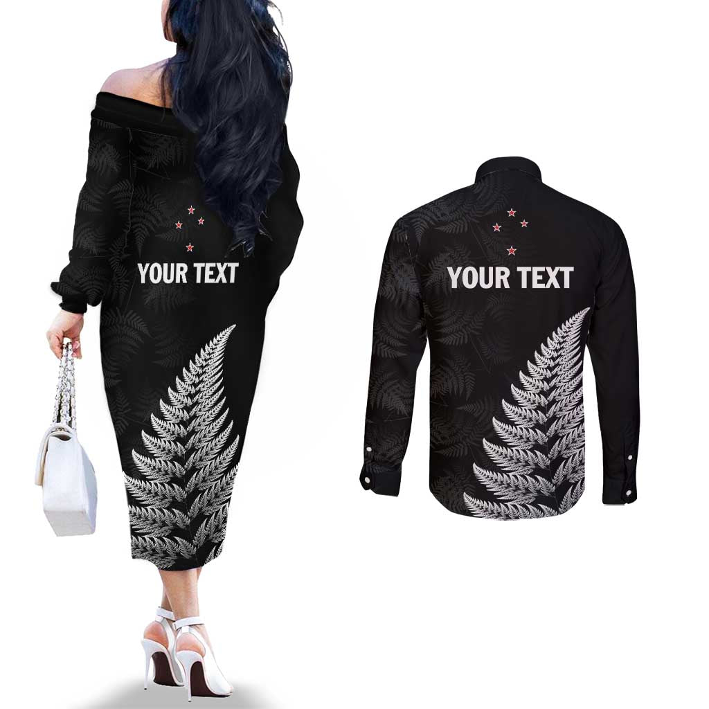 Personalised New Zealand 2025 Archery Couples Matching Off The Shoulder Long Sleeve Dress and Long Sleeve Button Shirt Aotearoa Silver Arrows Black