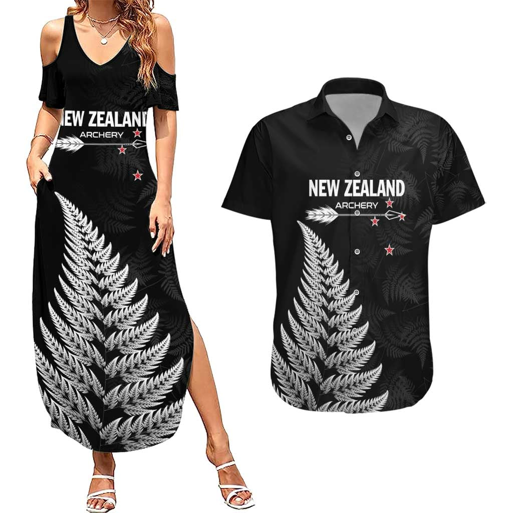 Personalised New Zealand 2025 Archery Couples Matching Summer Maxi Dress and Hawaiian Shirt Aotearoa Silver Arrows Black LT01 Black - Polynesian Pride