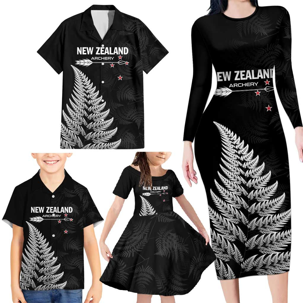 Personalised New Zealand 2025 Archery Family Matching Long Sleeve Bodycon Dress and Hawaiian Shirt Aotearoa Silver Arrows Black