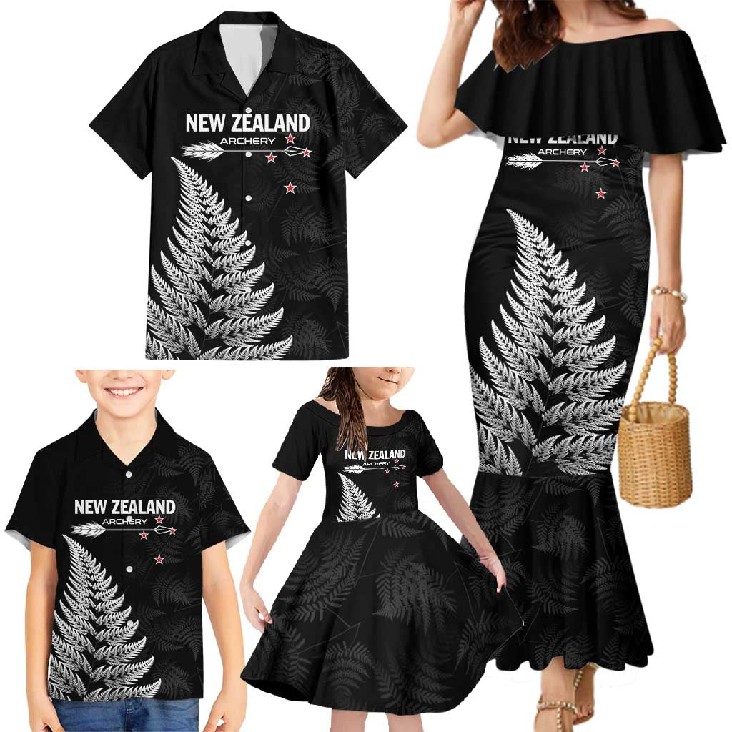 Personalised New Zealand 2025 Archery Family Matching Mermaid Dress and Hawaiian Shirt Aotearoa Silver Arrows Black