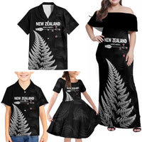 Personalised New Zealand 2025 Archery Family Matching Off Shoulder Maxi Dress and Hawaiian Shirt Aotearoa Silver Arrows Black