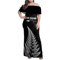 Personalised New Zealand 2025 Archery Family Matching Off Shoulder Maxi Dress and Hawaiian Shirt Aotearoa Silver Arrows Black
