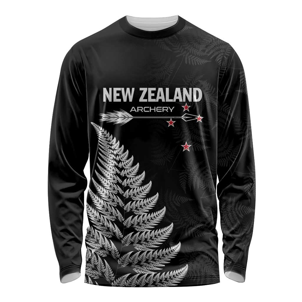 Personalised New Zealand 2025 Archery Long Sleeve Shirt Aotearoa Silver Arrows Black LT01 Unisex Black - Polynesian Pride