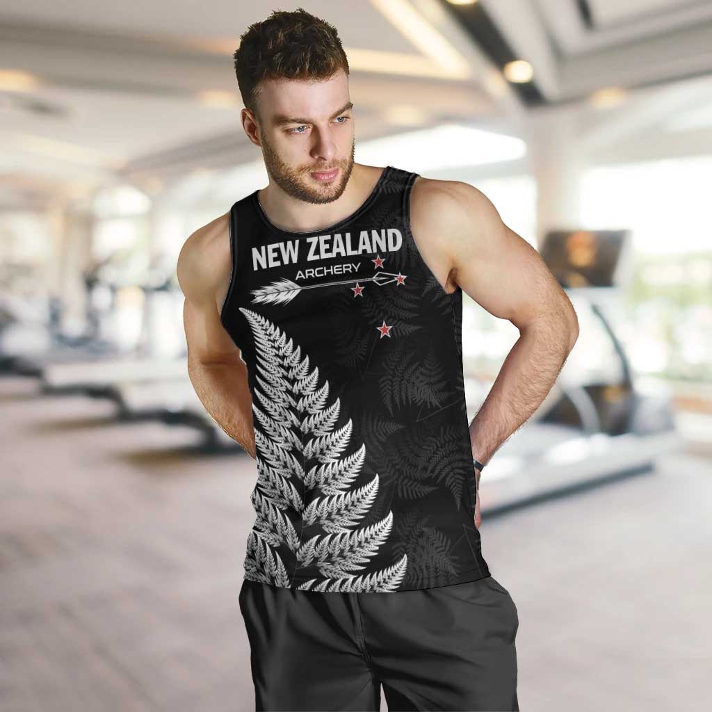 Personalised New Zealand 2025 Archery Men Tank Top Aotearoa Silver Arrows Black LT01 Black - Polynesian Pride